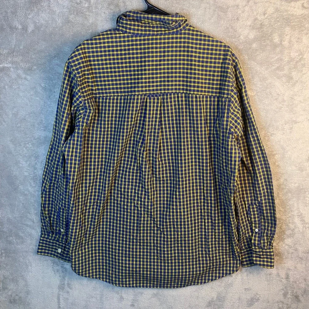 Chaps Mens Large Button Down Shirt Blue Yellow Plaid Long Sleeve Easy Care